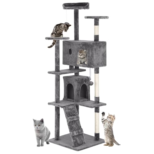24/7 Shop at Home Court 70 inch Multi-Level Cute Cat Tree Tower with Dangling Ball and Scratching Posts for Indoor Cats Adults, Kitten Supplies, Pet House, Light Gray