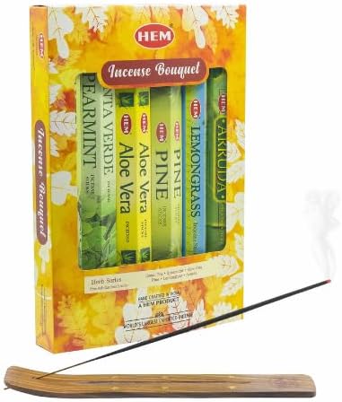 HEM Set de regalo de fragancias calmantes hexagonales de la serie de hierbas, incienso con soporte para incienso, paquete de 6 (20 varillas cada uno)
