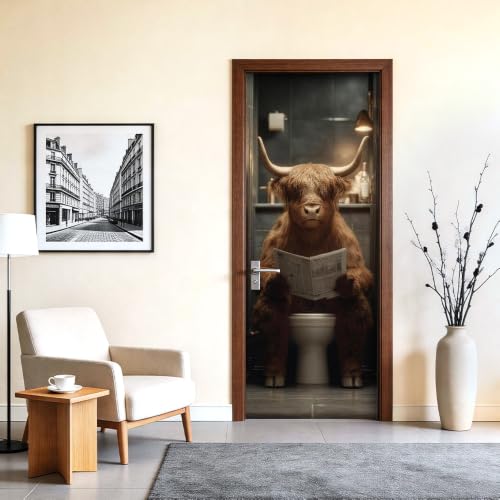 Image of Highland Cow Door Sticker, Funny Bathroom Door Cover, 30.3x78.7in