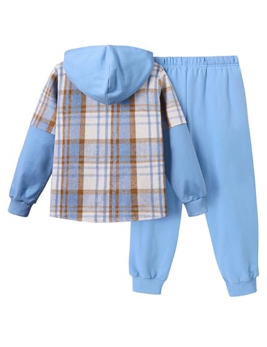 Image of 2Pcs Boys Clothes Sweatsuit Set Hoodie Flannel Plaid Shirt and Jogger Pants for Kids Fall Winter Spring Outfits