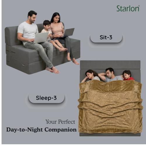 Image of Starlon 3 Seater Foldable Sofa Cum Bed 3-in-1 with 2 Waves Pattern Pillows, Washable Jute Fabric Cover, Space Saving Guest Bed, Ash Gray 6x6 Ft