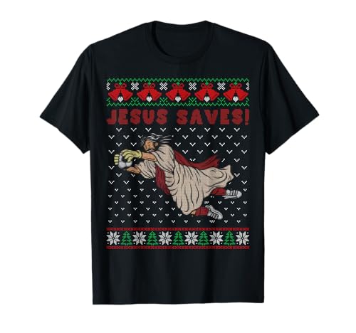 Jesus Saves Soccer Goal Keeper feo suéter navideño Camiseta