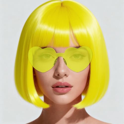 FSLLZCJY Short Bob Wigs with Heart Sunglasses and Hair Cap Set of 3 | Colorful Colored Neon Wig Funny Cosplay Hairpieces for Halloween Party Costume (Yellow)
