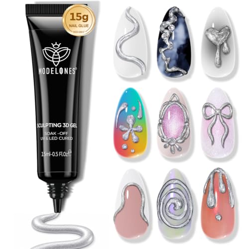 modelones 3D Gel Nail Art Silver Sculpting Molding Gel 15g No Wipe UV Cure