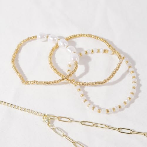 Gold Pearl Crystal Beaded Bracelets Set for Women, 14K Real Gold Pearl Beads, Stake Paperclip Link Chain Bracelets, Women's Jewelry4