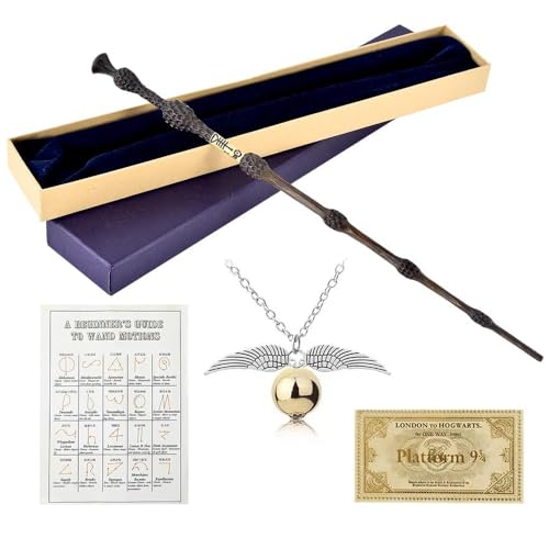 WDKXCN Baguette Dumbledore, 35CM Baguette de Sureau en Acier et Résine, Magique Dumbledore Baguettes dans Un Coffret Cadeau avec Carte de Sorts, Collier et...