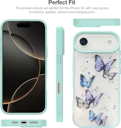 Image of VONZEE Glitter Butterfly Back Cover Case Compatible with iPhone 17 Air, Clear Cute Bling Sparkle Shiny Soft TPU Bumper Shockproof Women Girls Slim Protective for iPhone 17 Air|6.6 inch|Mint Green