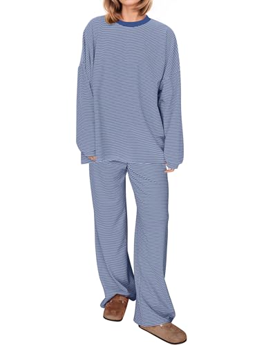 Image of MISSACTIVER Women's 2 Piece Striped Lounge Set Long Sleeve Oversized T-Shirt Wide Leg Pants Matching Pajamas Set