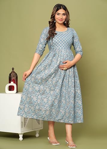 Image of JAIPURFAME Stylish Women's Pure Cotton All Over Printed Kurti Gown, Maternity Dress, and Feeding Dress - Comfortable and Elegant Maternity Wear for Women
