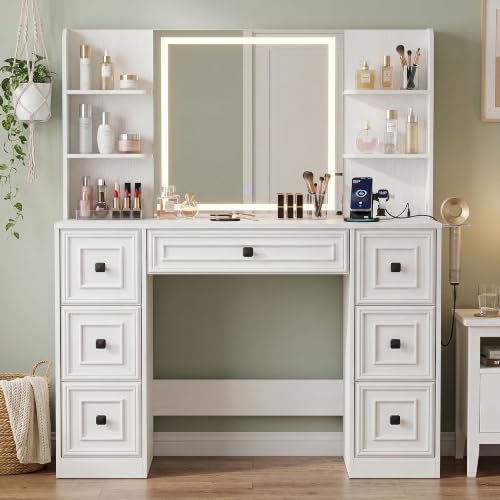 Image of YESHOMY Makeup Vanity Desk,LED Mirror,Charge Hub,Hair Tool Organizer