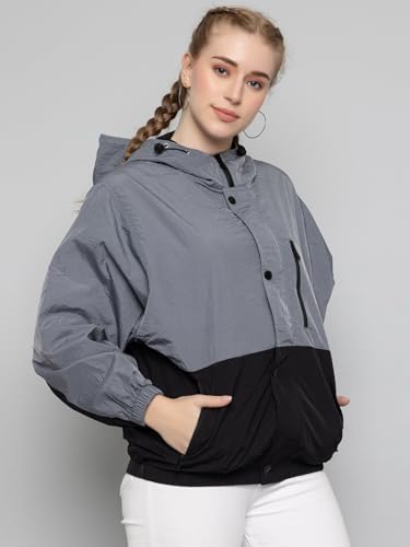 Image of CHKOKKO Womens Stylish Oversized Windcheater Jacket with Zip Closure Lightweight Sportswear for Running Travel Hiking Outdoor and Rainy Season Wear GreyBlack 3XL