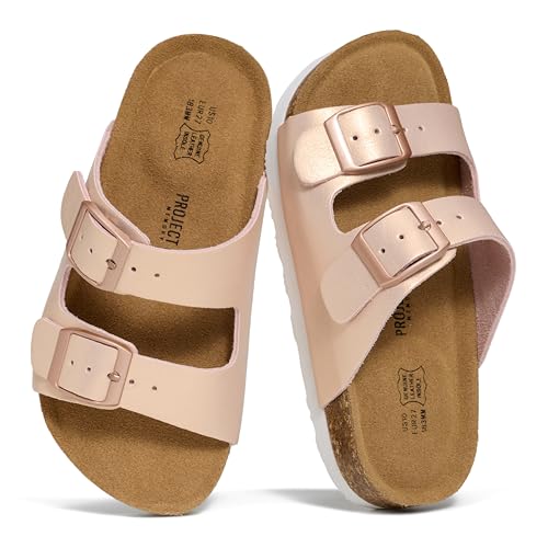 Image of Project Cloud Kids Sandals 100% Genuine Leather - Natural Cork Footbed Non-Slip Slides for Kids - Lightweight Boys & Girls Sandals - Water-Resistant Girls & Boys Sandals