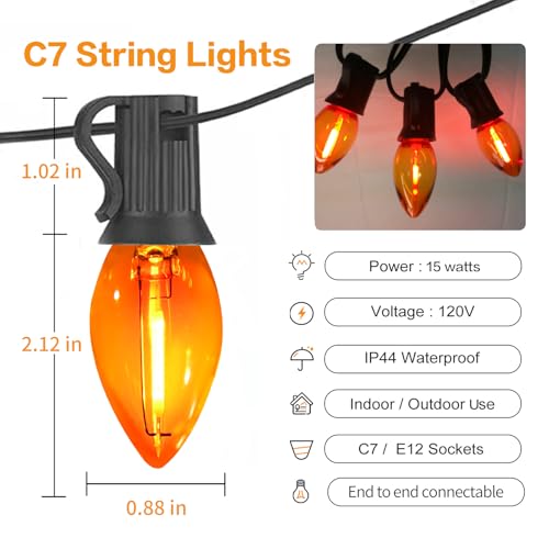 Image of 25FT C7 Orange LED String Lights, Black Wire Outdoor Halloween | IP44 Waterproof & Shatterproof, End-to-End Connectable, Perfect for Patio, Porch, Railing, Party or Holiday Decor