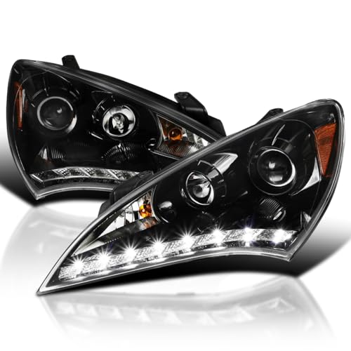 Spec-D Tuning Jet Black LED Projector Headlights Compatible with 2010-2012 Hyundai Genesis 2Door Coupe, Left + Right Pair Headlamps Assembly