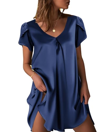 Ekouaer Women's Satin Nightgown Short Sleeve Sleepdress V-Neck Sleepwear Loose Silk Sleepshirt