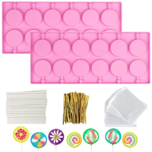 2PCS Silicone Cake Pop Mold Kits, 12 Cavities Cake Pop Baking Mold with 100PCS Treat Sticks, Bags and Twist Ties, Chocolate Lolly Moulds, for Hard Candy, Chocolate, Lollipop Mold