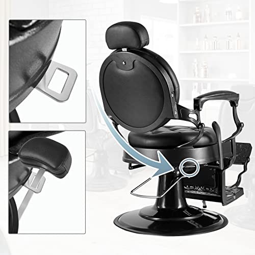 Omysalon Vintage Barber Chair All Purpose Heavy Duty, Hydraulic Recline Salon Beauty Styling Chair Retro Black, 360 Degree Swivel For Hair Stylist Tattoo, Round Base, Tufted Button #TOP2