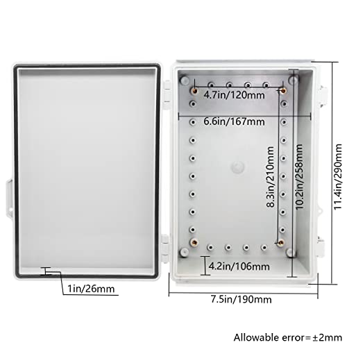 Zulkit Junction Box,Ip67 Waterproof Electrical Box Hinged Cover Stainless Steel Latch Plastic Enclosure For Project W Mounting Plate Wall Bracket And 2 Cable Gland Grey 11.4"X7.5"X5.5"/290X190X140Mm #TOP1