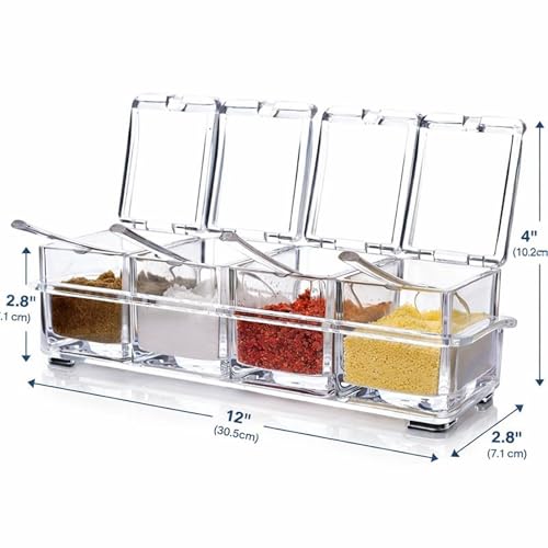 Image of Spice Box with 4 Square Containers and Spoons | Transparent Condiment Storage Set with Hinged Lids and Tray