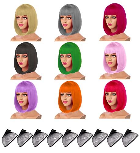 9 Packs Cosplay Wigs Candy Colored Costume Short Bob Hair Wigs Daily Party Wigs for Women Girls Party Decorations, Favors, Supplies
