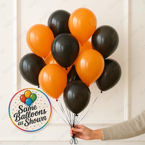 Image of AMFIN (Pack of 50) Halloween Party Balloons | Orange, Black Latex Balloons | Spooky Party Decorations for Birthday, Halloween, Events & Celebrations