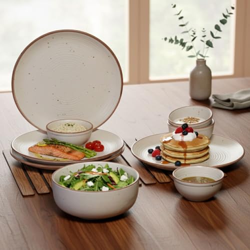 Image of Freakway Handcrafted Stoneware Dinner Set - 9 Piece Ceramic Dinnerware Set for 4 People (Off White) inch4 Dinner Plates +4 Bowls+1 Large Serving Bowls