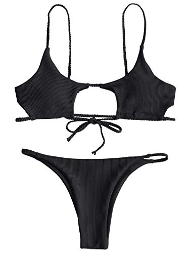 ZAFUL Women's Ribbed Cut Out Bikini Set String Swimwear Sexy Brazilian Thong Bikini Two Piece Swimsuits