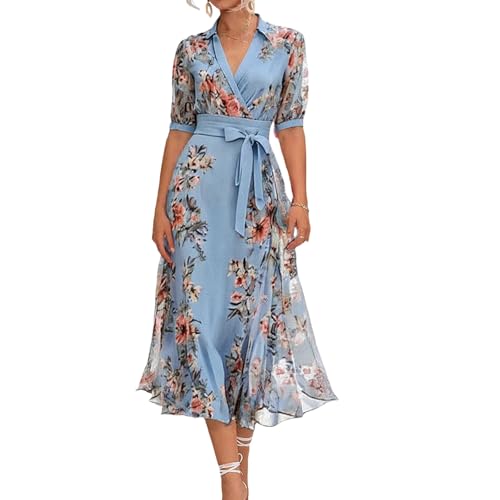 LOZ Womens Summer Dresses 2025 Blue Floral Puff Short Sleeve V-Neck Belt Midi Dress Fashion A-Line Wedding Guest Dresses