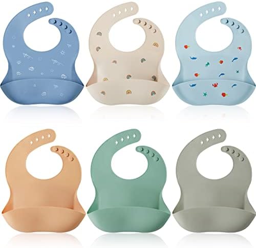 JaGely 6 Pcs Baby Silicone Bibs Soft Adjustable Fit Baby Bibs Waterproof Feeding Silicone Bibs with Food Catcher Pocket for Toddlers Girls Boys