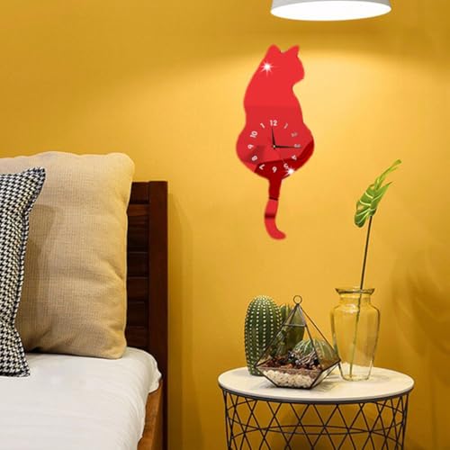 Horloge murale chat acrylique rouge mécanisme silencieux haute précision - 6