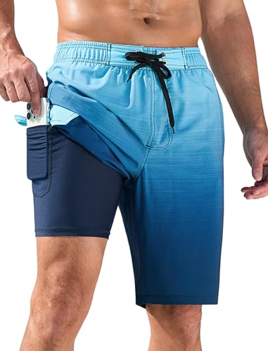 SILKWORLD Mens Swim Trunks with Compression Liner Quick-Dry 10" Stretch Beach Shorts2