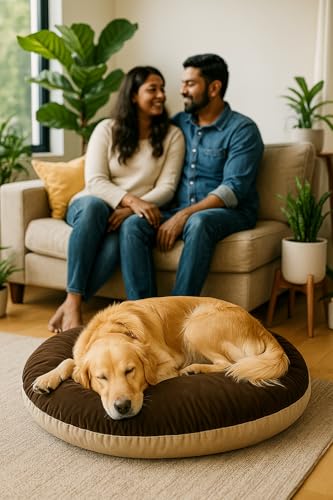 Image of The Pets Company Calming Dog & Cat Bed | Soft Fluffy Donut Reversible, Washable Pet Bed for Puppies | Cozy Plush Anti-Anxiety Cushion |, (L-34 Inch x B-34 Inch x H-5.5 Inch), Brown & Beige-Large