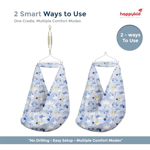 Image of Happykid Baby Cradle Set | Durable Cotton Cloth, Mosquito Net, Spring, Hanger Jhoola, Thottil (Blue)