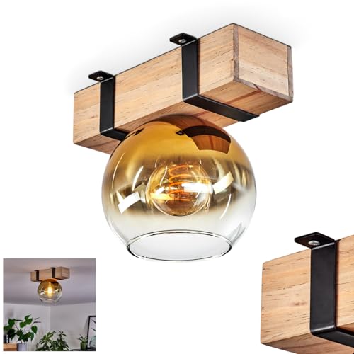 Plafoniera Montgomery, plafoniera in metallo/legno/vetro nero/naturale/oro/trasparente, design scandinavo con travi in legno e paralume in vetro (Ø 15 cm), 1 lampadina E27, senza lampadina