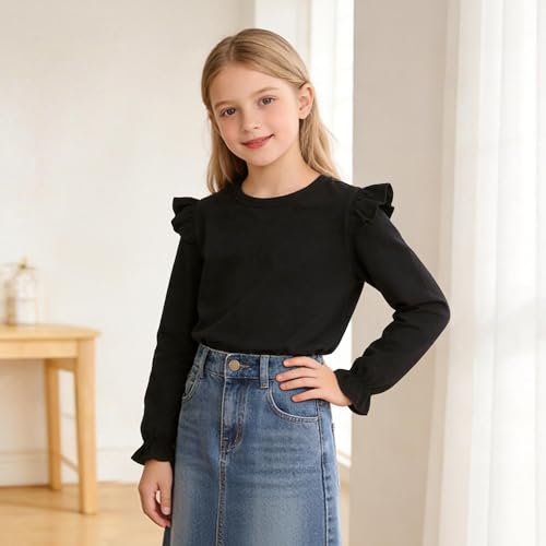 Image of LYSMuch 7-14Y Girls Ruffle Long Sleeve Shirt Kids Crewneck Basic Blouse Casual Tee
