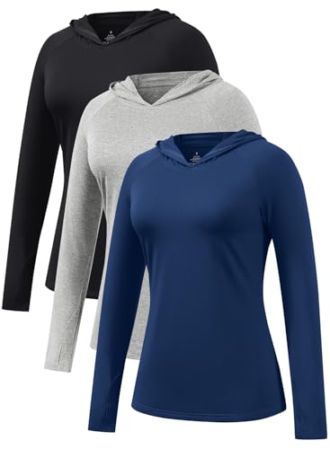Ullnoy 3 Pack Women Long Sleeve Hoodies Protection Sun UPF 50+ Lightweight Gym Running Tops UV Breathable Quick Dry With Thumb Holes T-Shirt for Women Black/Gray/Navy L