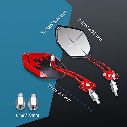 1Pair Universal Motorcycle Mirrors, Motocycle Rear View Mirrors, Adjustable Side Mirror, Motorcycle Mirrors For Handlebars, Aluminum Flame Pattern Rear View Mirrors With 8Mm/10Mm Screws (Red) #TOP1