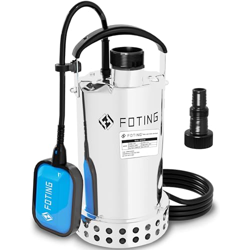 FOTING Edelstahl Schmutzwassertauchpumpe 900 W, 13.000 l/h, Förderhöhe max. 9 m, Eintauchtiefe max. 7 m, einstellbarer Schwimmerschalter, Thermoschutz, für Pool, Keller, Schacht