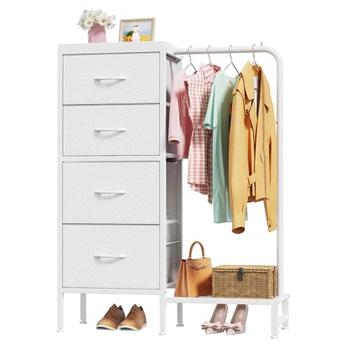 111cm Hoch Kommode mit 4 Stoff Schubladen, Kleine Komodenschrank mit Kleiderstange, Kommode Weiß für Schlafzimmer Wohnzimmer Hallway Dielen, Bedroom Chest of Drawers Dresser, Geschenk 111cm Hoch Kommode mit 4 Stoff Schubladen, Kleine Komodenschrank mit Kleiderstange, Kommode Weiß für Schlafzimmer Wohnzimmer Hallway Dielen, Bedroom Chest of Drawers Dresser, Geschenk