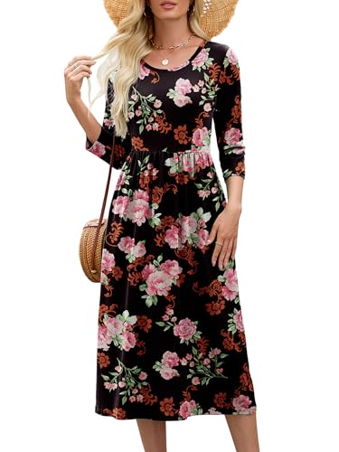 Image of Heymoments Women's Casual 3 /4 Sleeve Midi Dress Crewneck A Line Tiered Flowy Loose Travel Long Dresses with Pockets