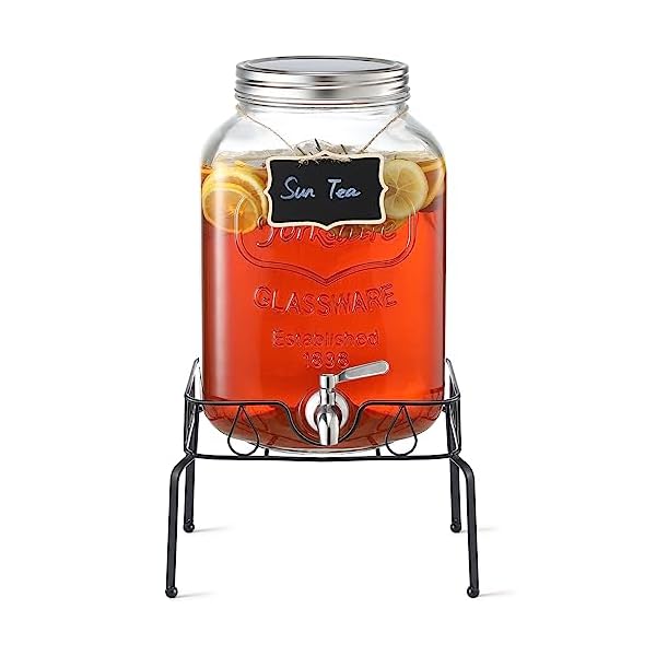 2 Gallon Glass Beverage Dispenser with Stand and Lid, 18/8 Stainless Steel Spigot - Glass Drink Dispensers for Parties - Mason Jar Drink Dispensers with Lids