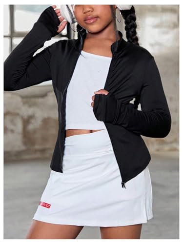 OYOANGLE Jaqueta de ioga atlética de manga comprida com zíper e gola redonda para meninas, Preto, 8