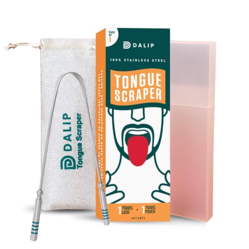 Image of Tongue Scraper for Adults, 1 Pack Stainless Steel Tongue Cleaner Green Handle, Easy to Use Metal Tongue Scrubber with 1 Travel Case & 1 Storage Pouch, Reusable Oral Hygiene Tool for Bad Breath