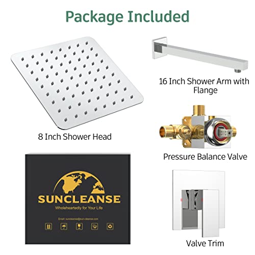 Suncleanse Shower Faucet Set With Valve, Bathroom Shower System Included Square Stainless Steel Metal Rainfall Shower Head And Extra Long Shower Arm, Polished Chrome #TOP5