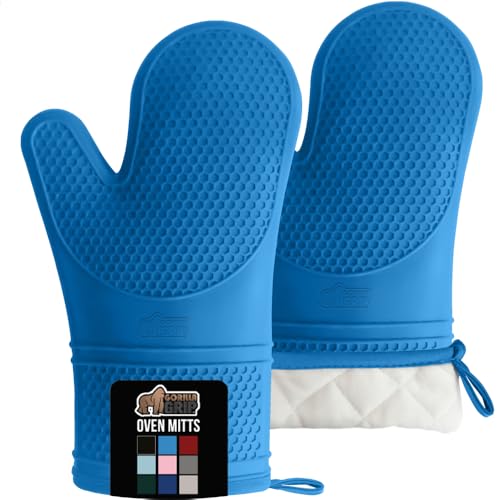GORILLA GRIP BPA-Free Soft Silicone Oven Mitts, Heat Resistant and Waterproof Cooking Gloves, Thick Cotton Lining, Flexible Gripping for Baking Grilling, Kitchen Potholders Set of 2, 12.5x8.3, Aqua