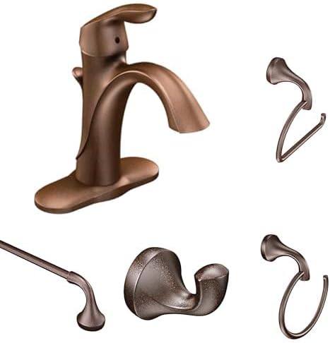 Moen Eva Oil-Rubbed Bronze Bathroom Set - 6400ORB Single Hole Faucet with 24-Inch Towel Bar, Towel Ring, Toilet Paper Holder and Robe Hook