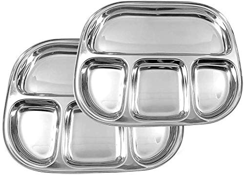 IndiaBigShop Stainless Steel Oval Shape 4 compartment Thali Mess Trays For Lunch and Dinner, Cafeteria Food Tray, Kids Dinner Plates, Oval Steel Plates, Dinner Partie Plates - Set of 2 - 13 inch