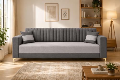 Image of FURNY Signature Regalia 3 Seater Sofa Set | Boston Fabric | 40D Foam + Zigzag Spring | 3-Yr Warranty (Ash Grey, Light Grey) | Modern Living Luxury Sofa Set for Home, Office & Hotel Spaces
