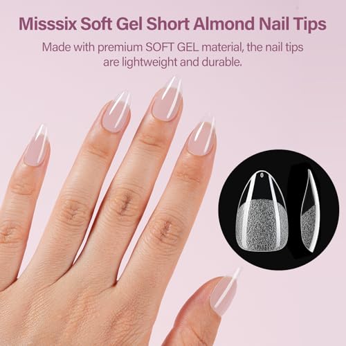 Misssix Short Almond Gel Nail Tips Kit, 216Pcs Pre Etched Clear Fake Nails, Full Cover False Nail 9-in-1 Gel Glue and Portable Mini U V Nail Lamp for Women 12 Sizes - Thumbnail 6