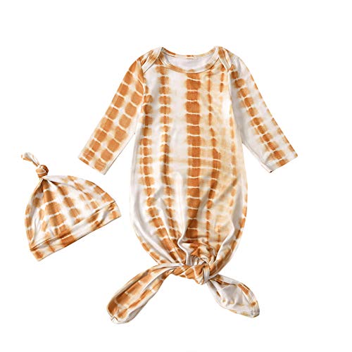 Image of Newborn Baby Coming Home Nightgowns Long Sleeve Plaid Sleepwear Hat Romper Sleeping Bags (0-3 Months, Tie-Dying Yellow)